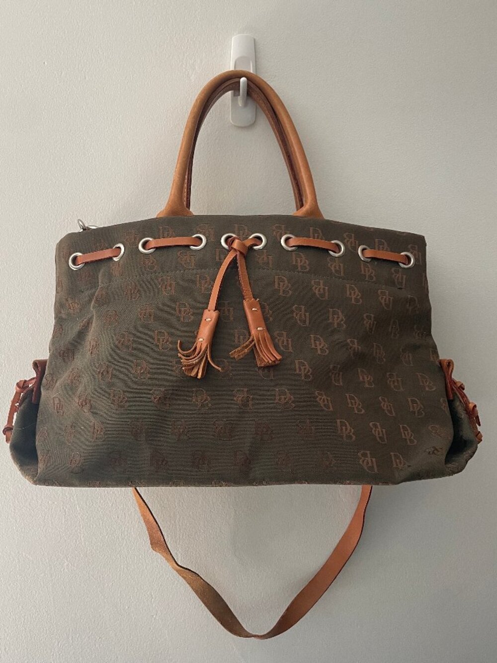 Vintage Dooney & Bourke Tassel Tote Satchel Monogram Made USA Olive/Brown EUC